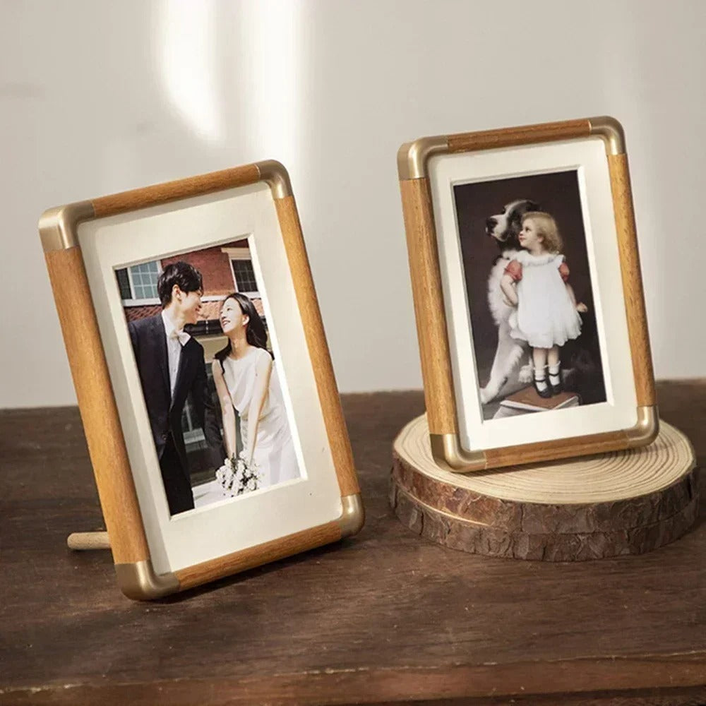 Tabletop Photo Frame with Vintage Wood and Brass Accents for Home Décor