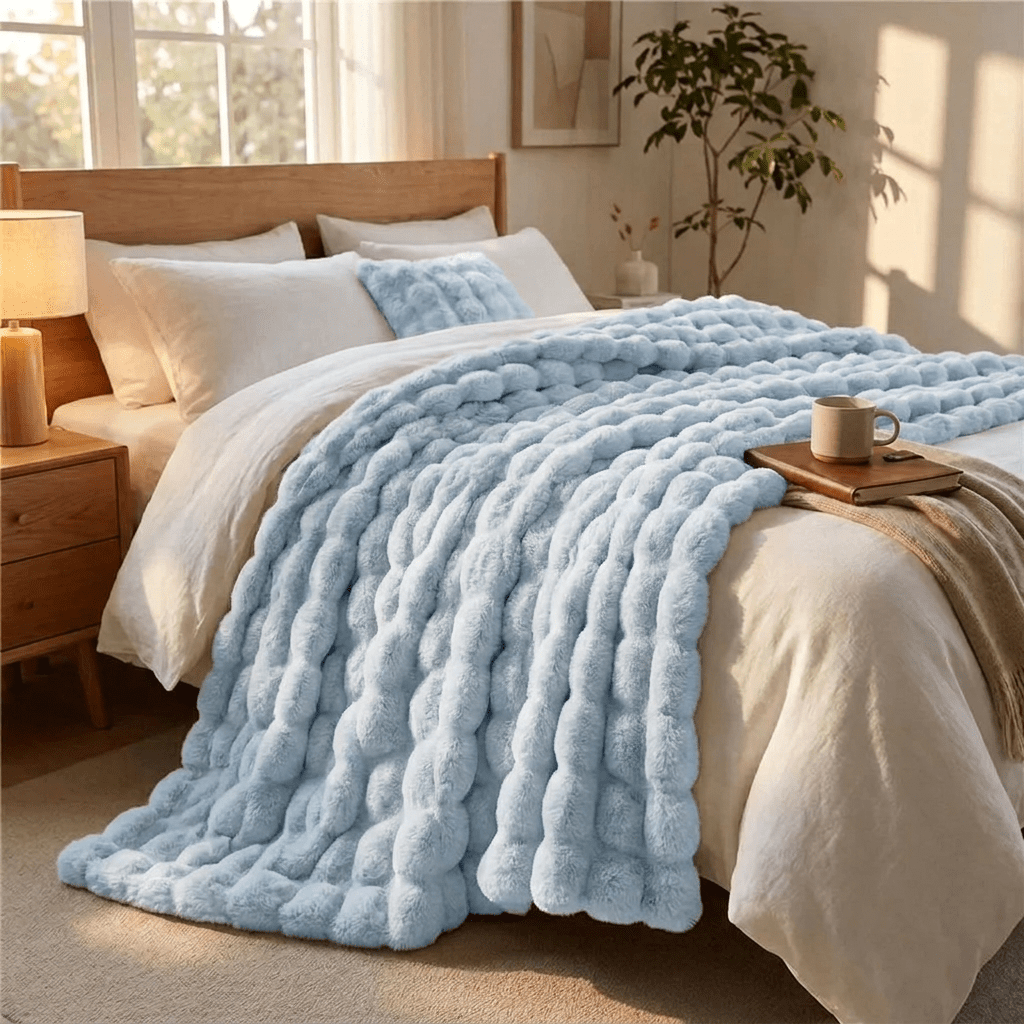 Plush Faux Fur Throw Blanket for Bed and Sofa with Textured Bubble Design and Machine Washable Finish - Sofitte