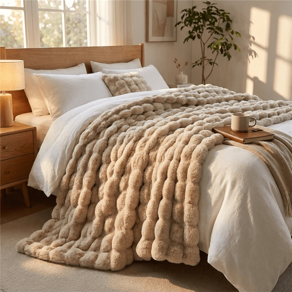 Plush Faux Fur Throw Blanket for Bed and Sofa with Textured Bubble Design and Machine Washable Finish - Sofitte