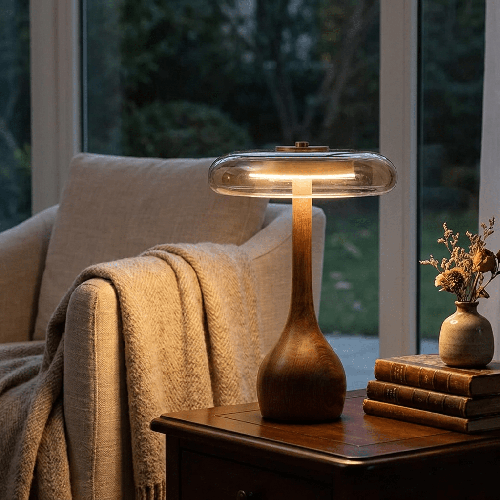 Sculptural Walnut Table Lamp with Tinted Glass for Ambient Lighting - Sofitte