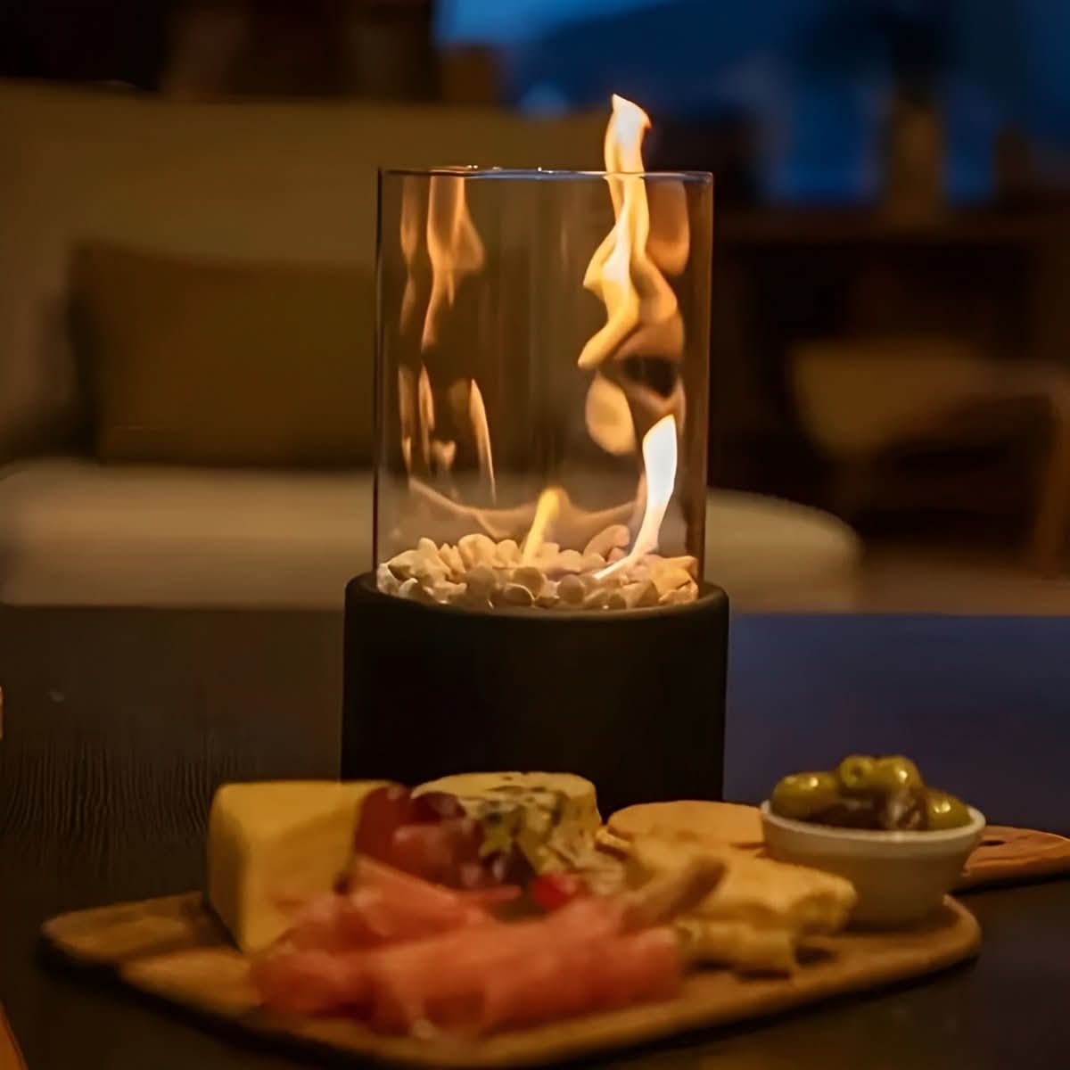 Smoke-Free Table Fireplace for Indoor and Outdoor Use - Modern Design with Glass and Metal