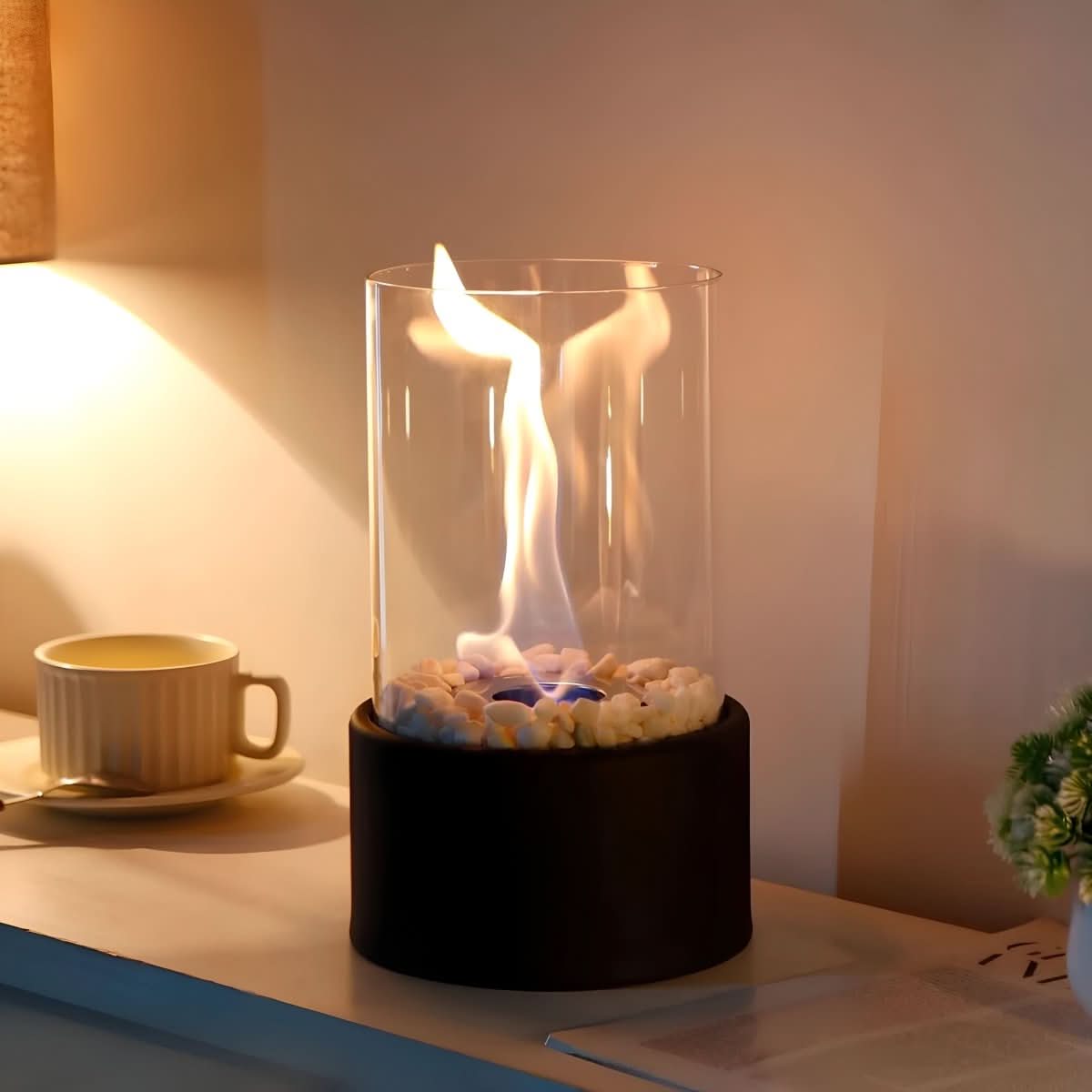 Smoke-Free Table Fireplace for Indoor and Outdoor Use - Modern Design with Glass and Metal