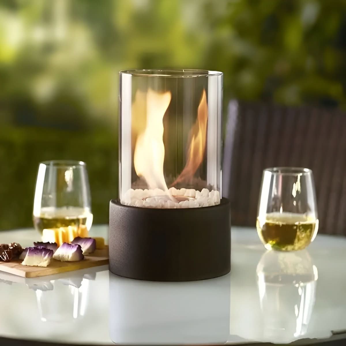 Smoke-Free Table Fireplace for Indoor and Outdoor Use - Modern Design with Glass and Metal