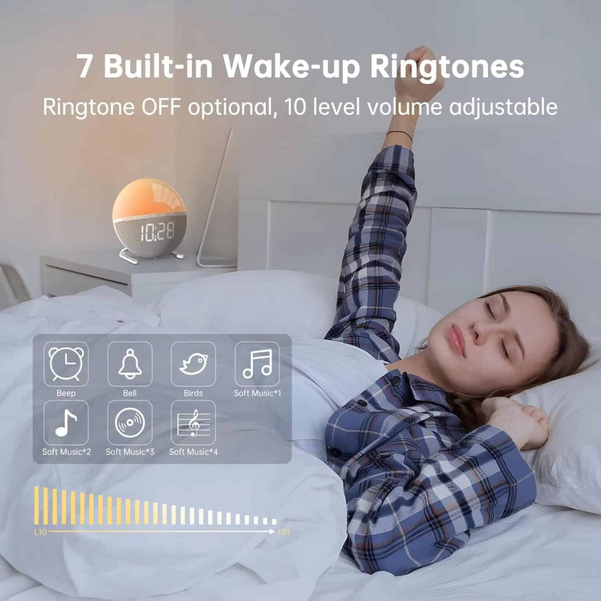 Sunrise Alarm Clock with RGB Mood Lighting and Nature Sounds for Gentle Wake-Up - Sofitte
