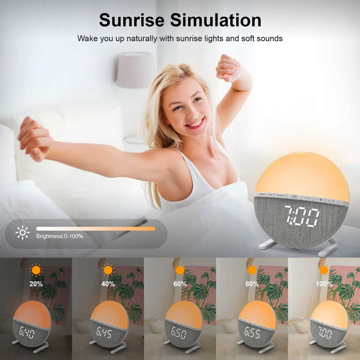 Sunrise Alarm Clock with RGB Mood Lighting and Nature Sounds for Gentle Wake-Up - Sofitte