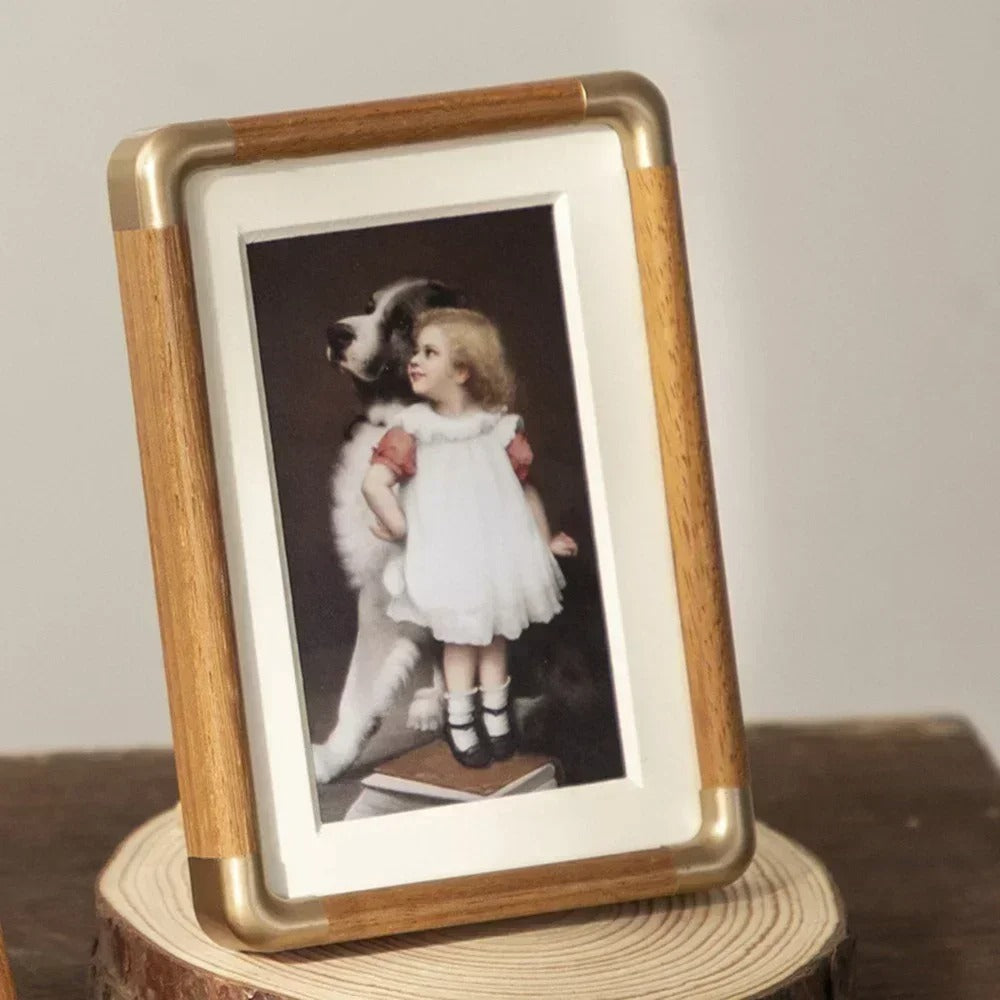 Tabletop Photo Frame with Vintage Wood and Brass Accents for Home Décor